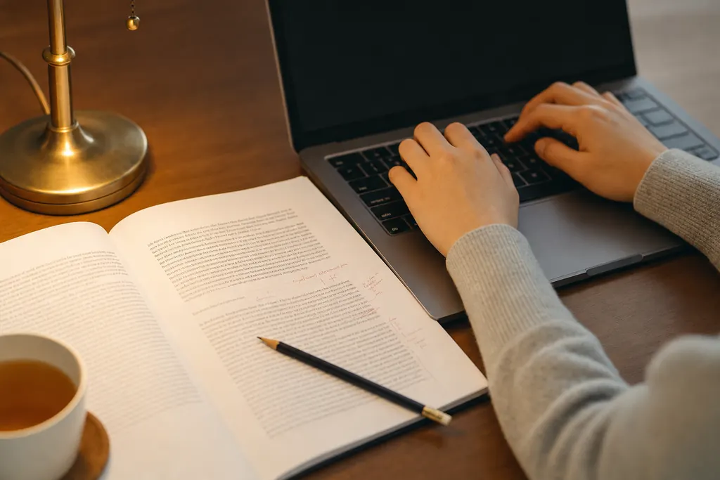 Mâini care tastează pe un laptop lângă un capitol de lucrare corectat cu creionul (imagine generată cu AI)