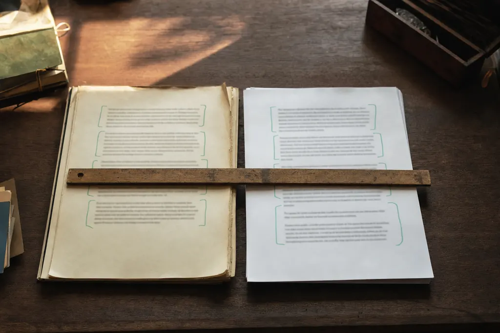 Două manuscrise alăturate, unul vechi și unul nou, cu paragrafe marcate identic (imagine generată cu AI)