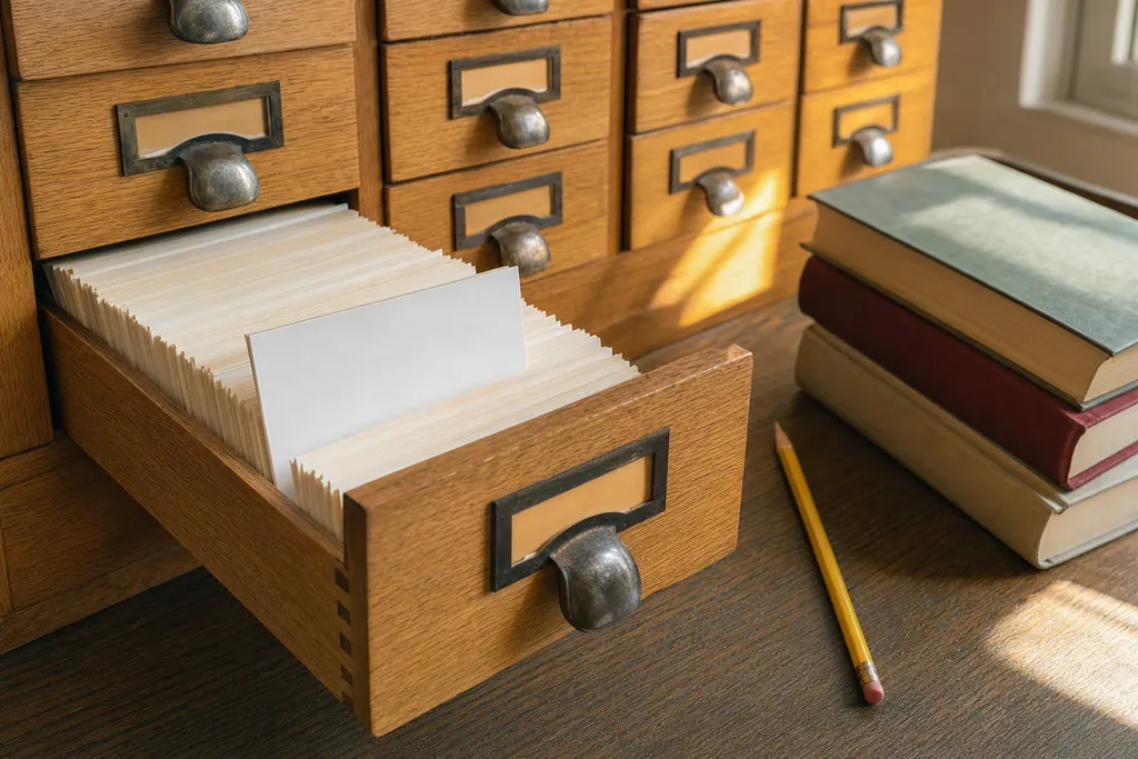 Sertar deschis al unui catalog de bibliotecă din lemn, cu fișe așezate în rânduri ordonate (imagine generată cu AI)