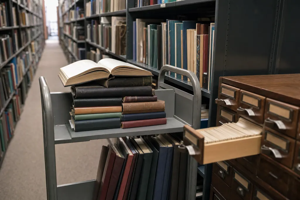 Cărucior de bibliotecă cu reviste legate și cărți între rafturi metalice înalte (imagine generată cu AI)