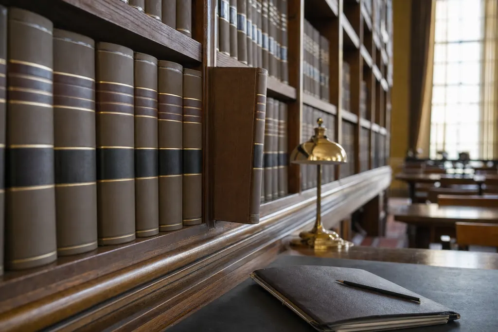 Raft cu volume legate de legislație într-o bibliotecă juridică, în lumina după-amiezii (imagine generată cu AI)