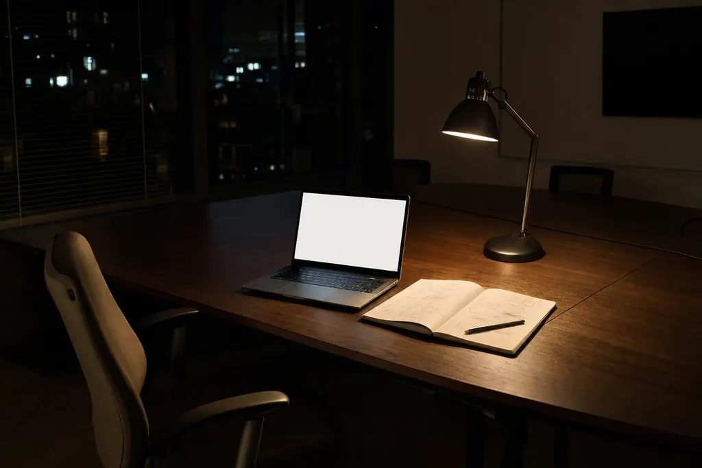 Masă de seminar luminată de o lampă, cu un laptop deschis și un caiet cu schițe (imagine generată cu AI)