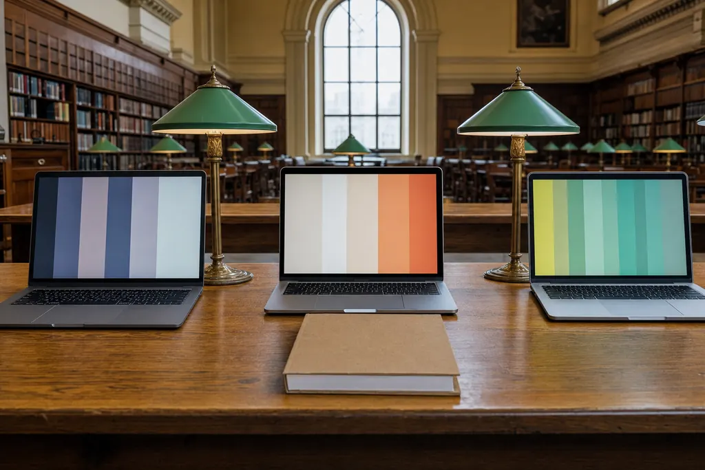 Trei laptopuri alăturate pe o masă lungă de bibliotecă, cu o teză legată între ele (imagine generată cu AI)