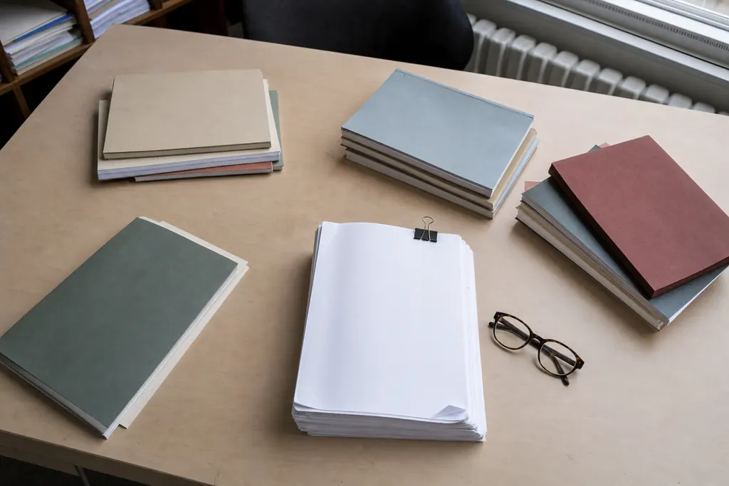 Numere de reviste legate și un teanc de manuscrise pe o masă de redacție (imagine generată cu AI)