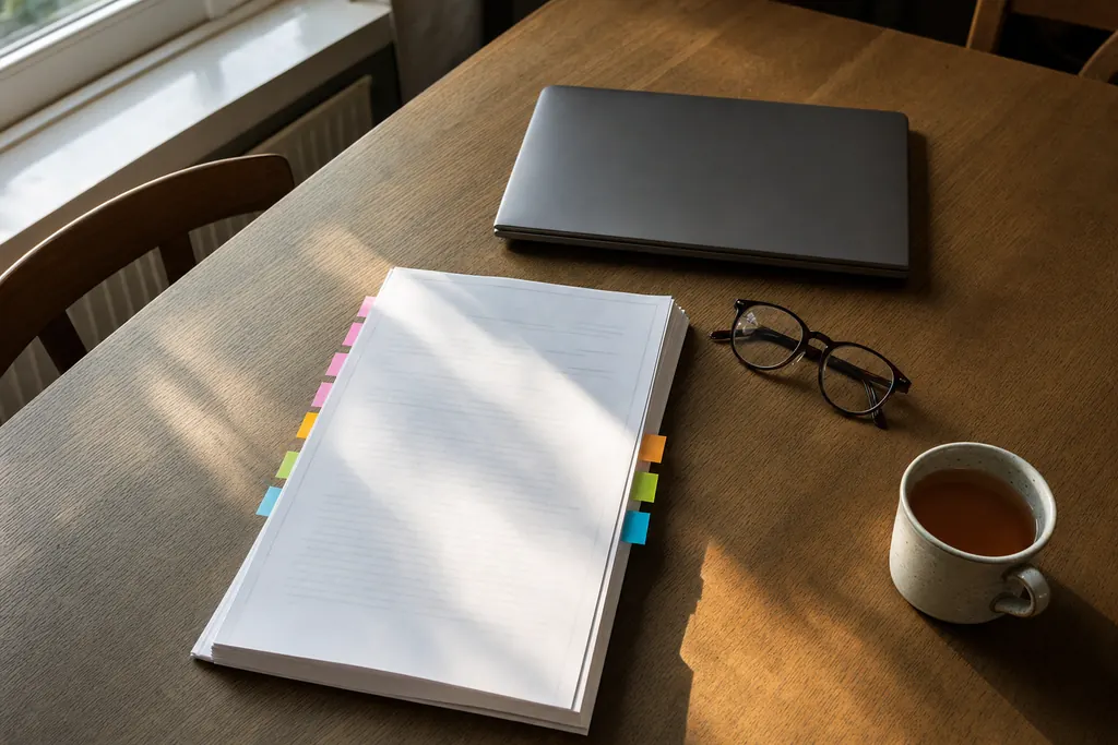 Disertație tipărită cu marcaje colorate pe margini, lângă un laptop închis și ochelari (imagine generată cu AI)