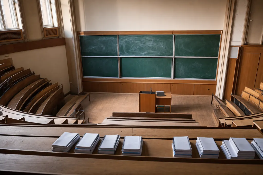 Amfiteatru universitar cu bănci din lemn în trepte și teancuri de lucrări pe prima bancă (imagine generată cu AI)