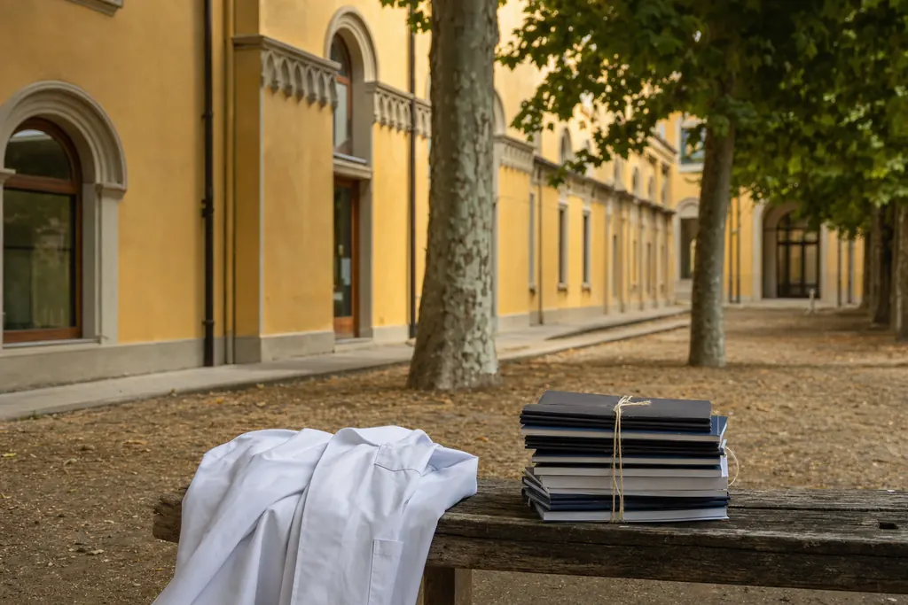Curte interioară a unei clinici universitare vechi, cu teze legate lăsate pe o bancă (imagine generată cu AI)