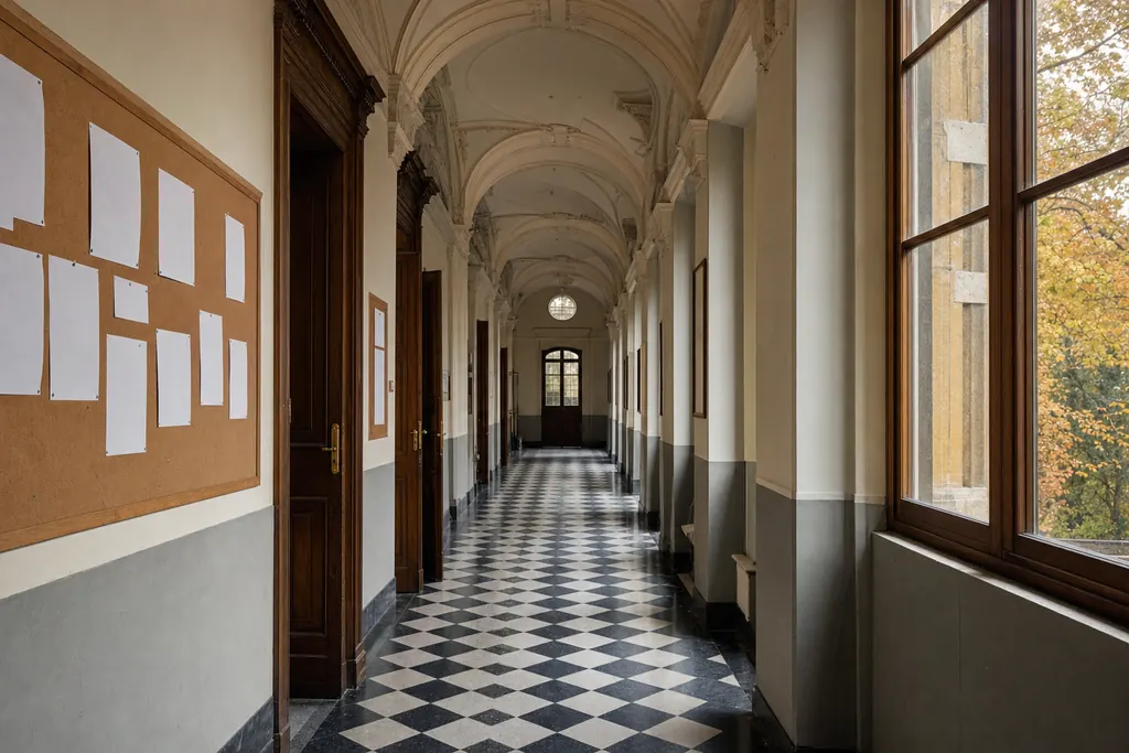 Coridor universitar boltit, cu pardoseală în carouri și uși înalte din lemn (imagine generată cu AI)