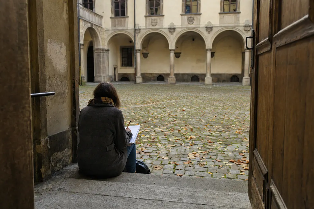 Student așezat pe treptele unei curți universitare cu arcade, cu o lucrare legată pe genunchi (imagine generată cu AI)