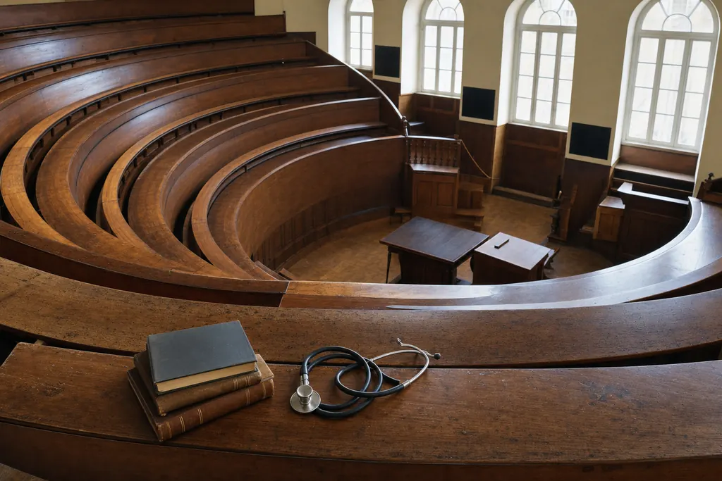Studenți la medicină în halate albe, într-un amfiteatru vechi cu bănci în trepte (imagine generată cu AI)