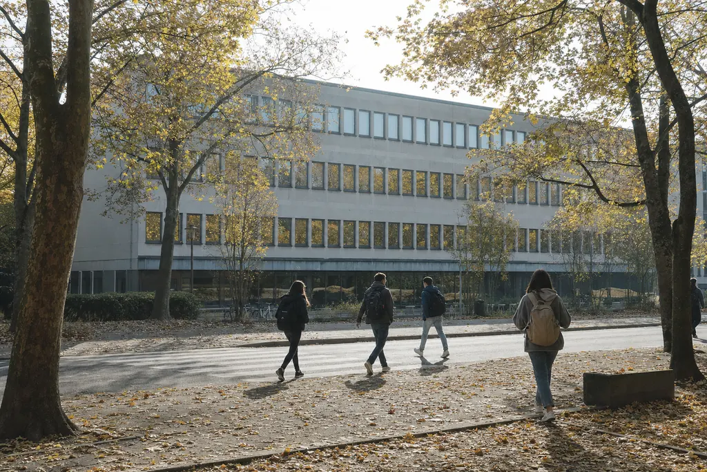 Clădire universitară modernistă cu fațadă lungă, văzută de peste un bulevard cu copaci toamna (imagine generată cu AI)