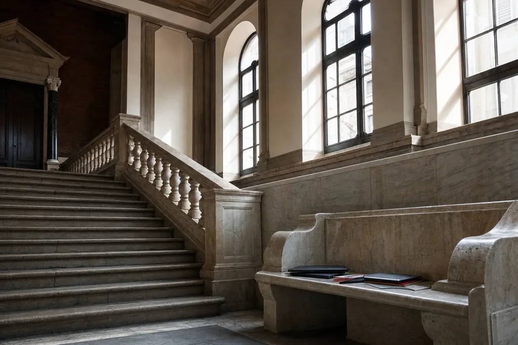Scară monumentală de marmură într-o clădire universitară veche, luminată de ferestre înalte (imagine generată cu AI)