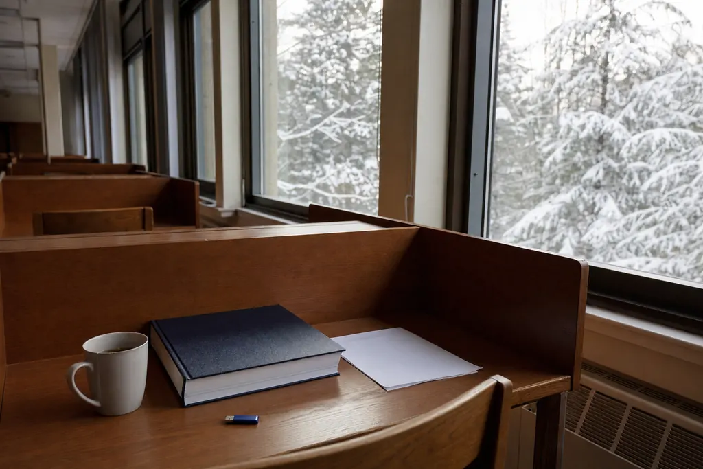 Sală de lectură iarna, cu un raport tipărit întors și o teză legată pe o masă de studiu (imagine generată cu AI)