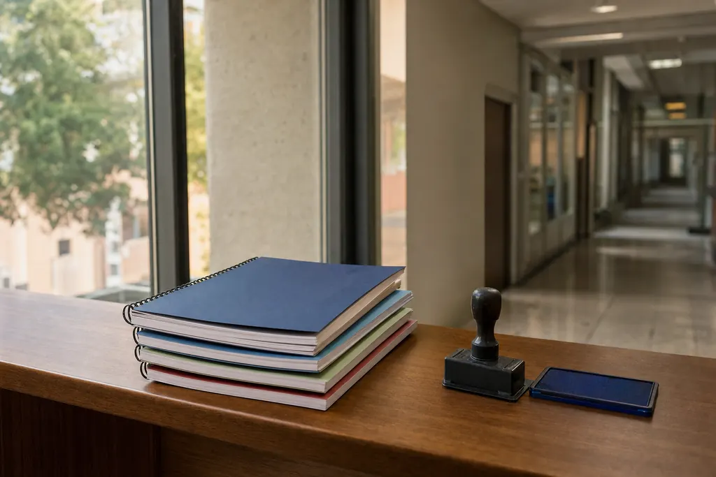 Lucrări de licență spiralate, stivuite pe ghișeul secretariatului unei facultăți, lângă o ștampilă (imagine generată cu AI)